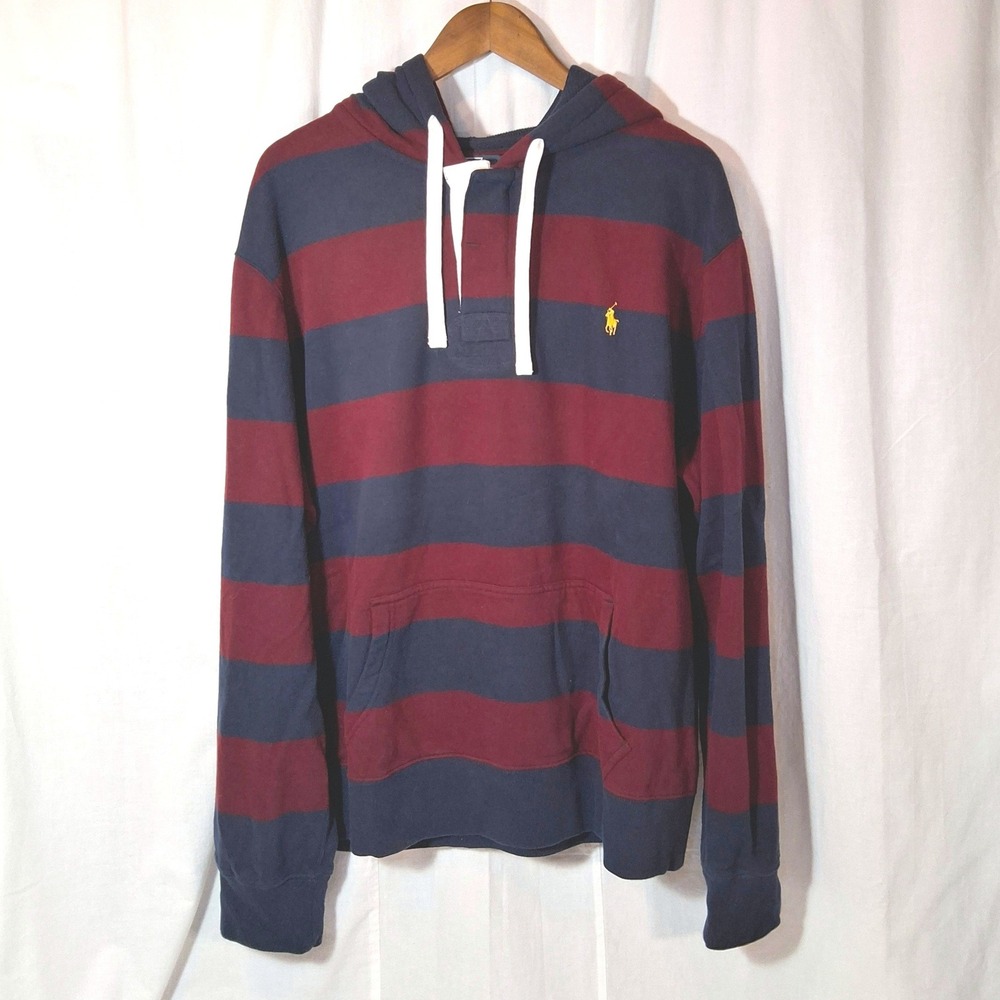 Polo Ralph Lauren Men XXL Striped Hoodie Navy Burgundy Yellow Pony Logo Pullover